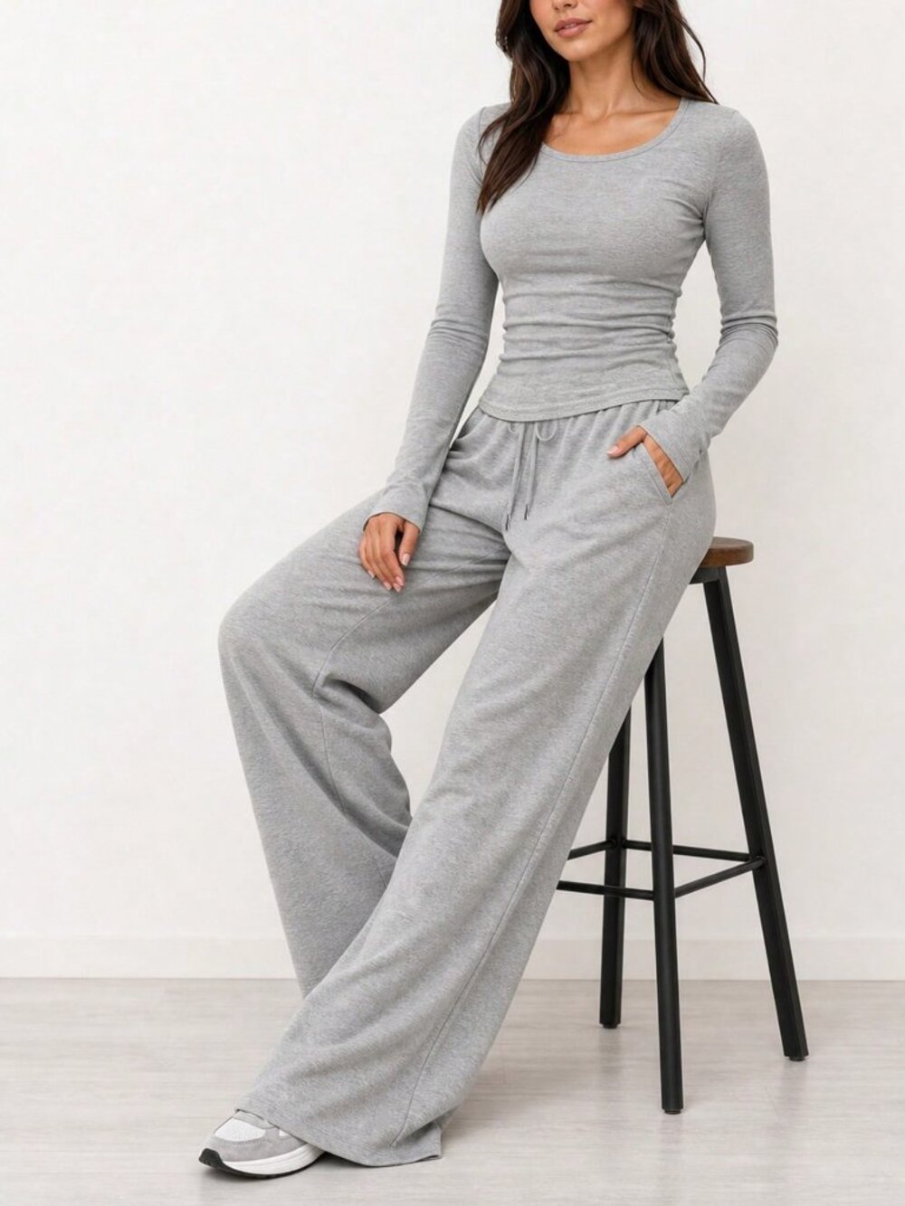 Grey Casual Women's Long Sleeve Shirt And Pants Set
